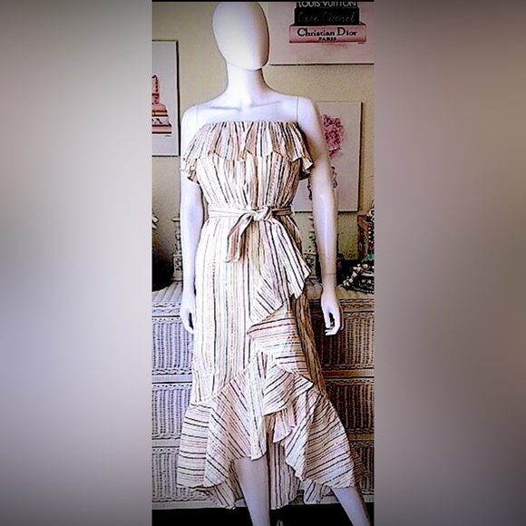 Tularosa 100% Cotton Ruffle Midi dress Colorful stripes on cream color size XS - Picture 1 of 10